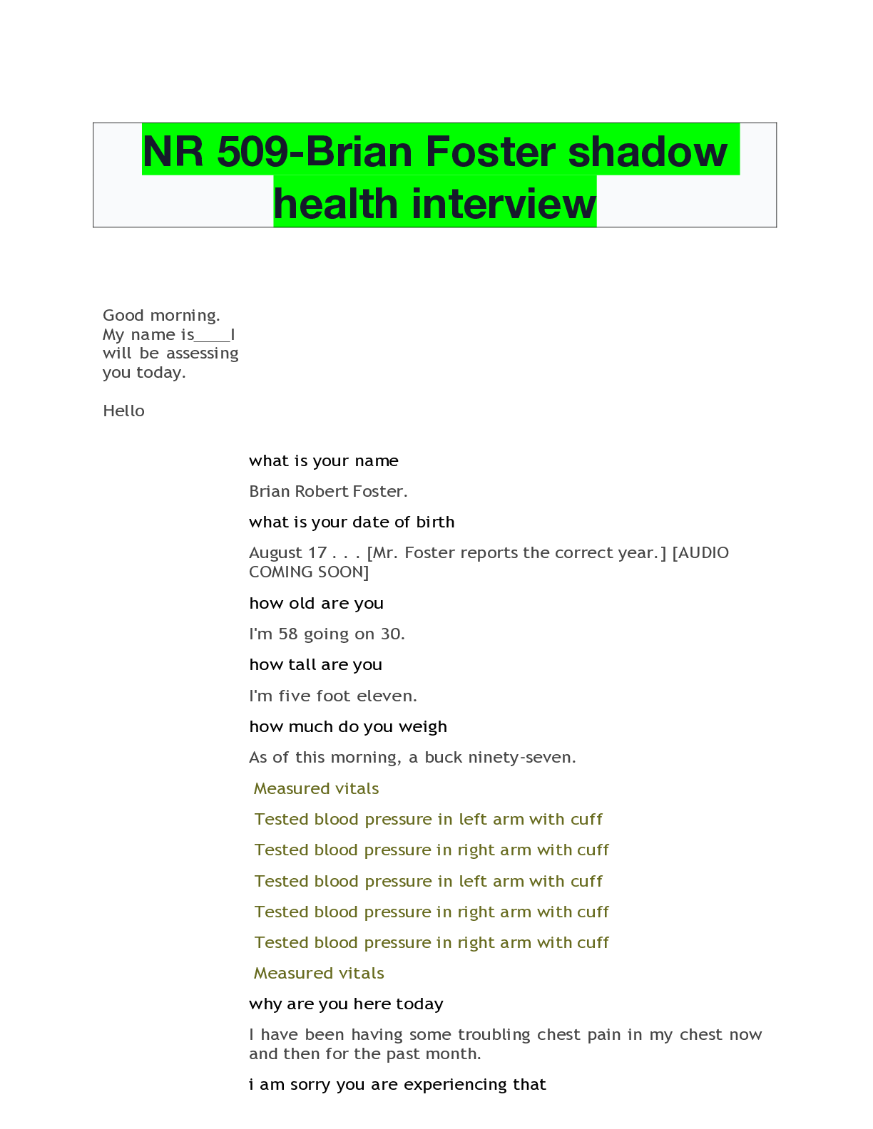 Preview of NR 509-Brian Foster shadow health interview